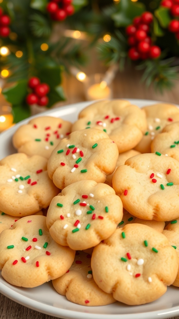 A plate of golden brown Christmas cookie doodles with colorful sprinkles, set against a festive holiday backdrop.